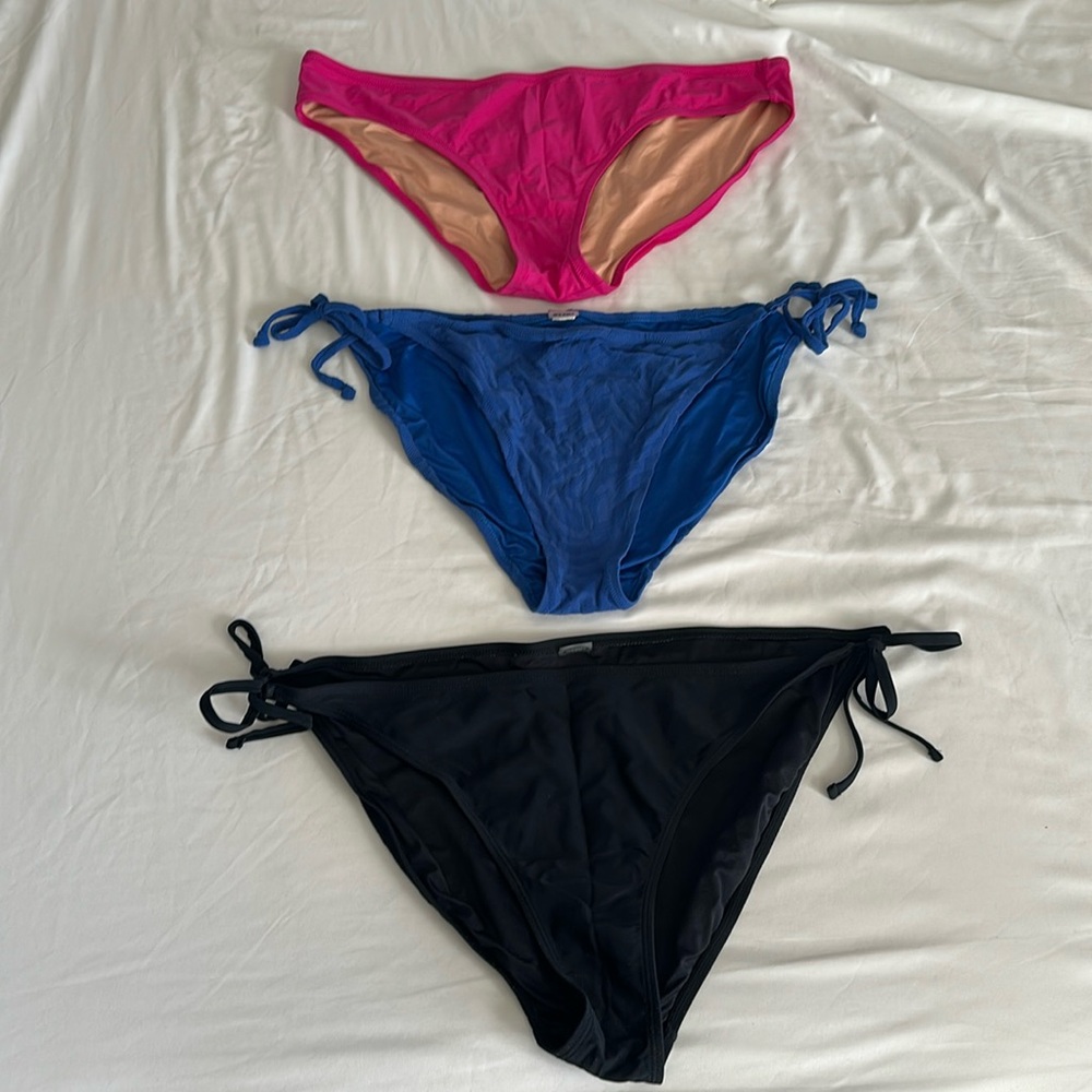 Set of 3 XL bikini mid rise bottoms—j crew pink, old navy black & blue w/ ties